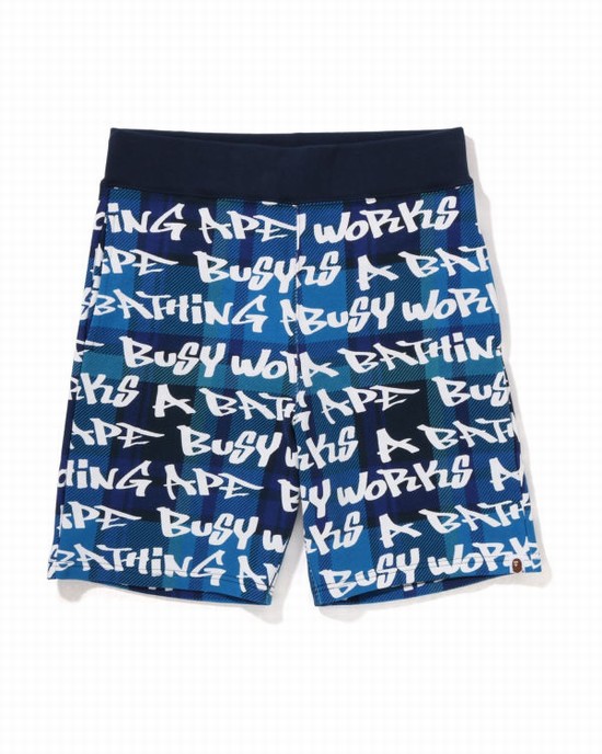 Shorts Bape Graffiti Check Homme Bleu | ZBMGX6840