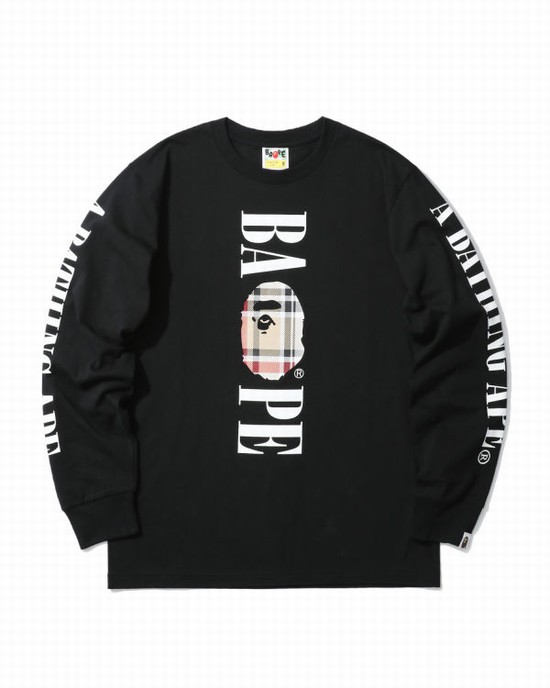 T Shirts Bape Check Head long sleeve Homme Beige | ZQNGY1920