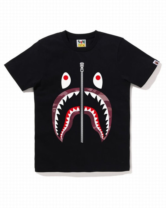 T Shirts Bape Grid Camo Shark Femme Noir | LPTZU8346