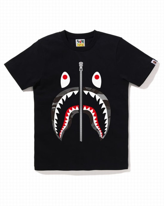 T Shirts Bape Grid Camo Shark Femme Noir | YHWEX2914