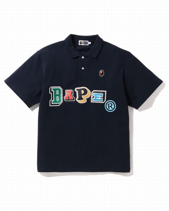 T Shirts Bape Multi Fonts Relaxed Fit Polo Homme Bleu Marine Bleu | AVDWI2796